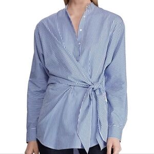 Ralph Lauren Striped Tie-Waist Cotton Shirt In Blue And White